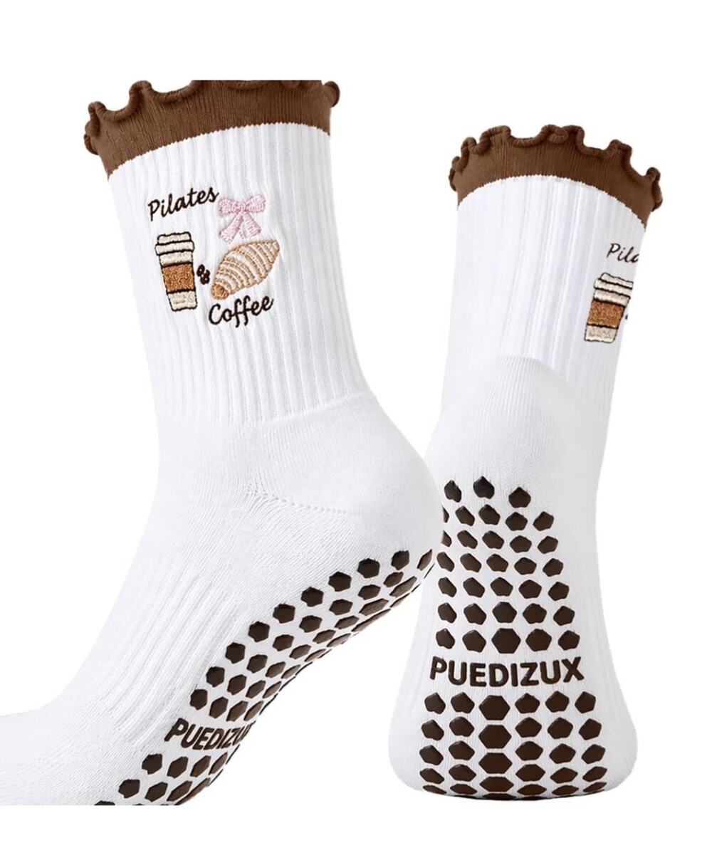 NWT Pilates Socks Grip Yoga Ruffle Cuff Embroidery Pattern "Pilates & Coffee"